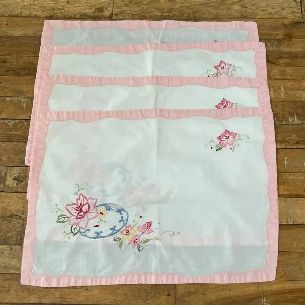 Vintage Floral Hand Embroidered Placemats Napkins Set Of 4 Pink Trim Border